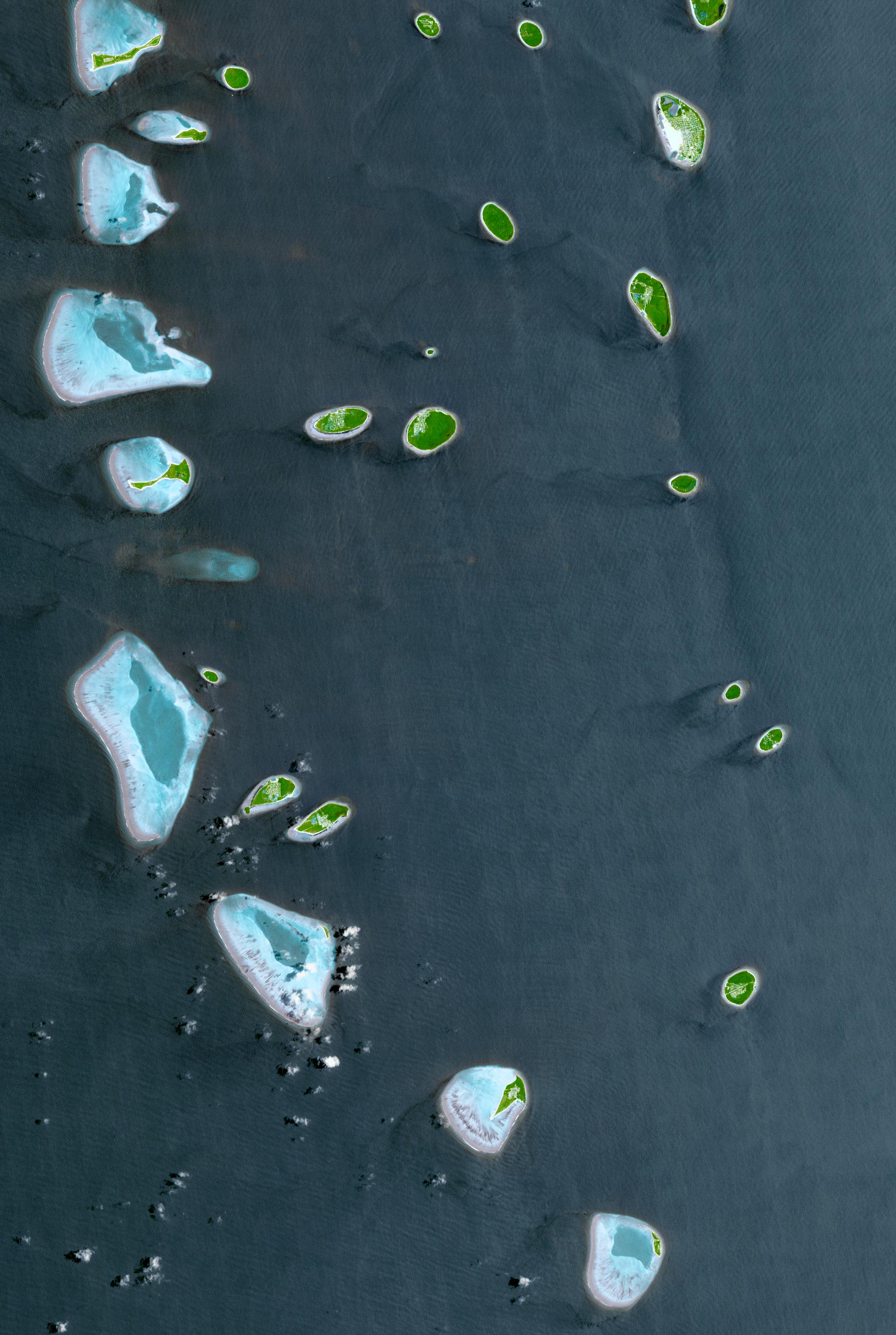 The Republic of Maldives is a country located in the Indian Ocean, southwest of India. It comprises twenty-six atolls and 1,192 coral islands, with an average ground elevation of 1.5 meters. Tourism and fishing account for more than half of the country’s GDP. Kulhudhuffushi, seen in the upper right corner, is the capital of the Haa Dhaalu Atoll administrative division in the northern Maldives. The image was acquired on April 3, 2013, covers an area of 30.3 by 45.2 kilometers, and is located at 6.5 degrees north latitude and 73 degrees east longitude.