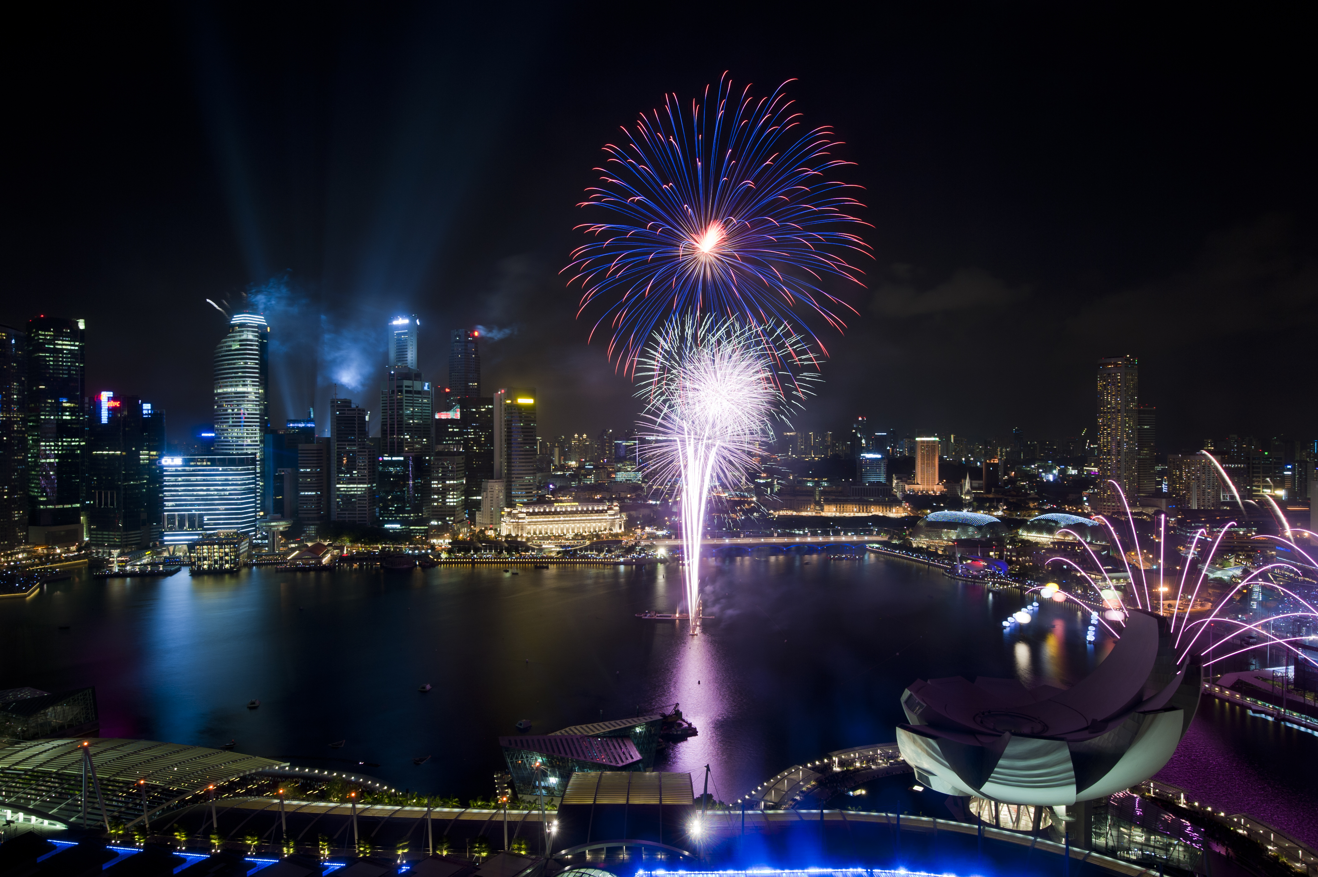 Fireworks preview at the Marina Bay Sands floating platform for Singapore's National Day Parade 2011.